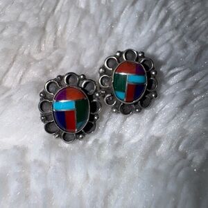 Vintage Navajo Sterling Silver Multi Gemstone Inlaid Pierced Earrings